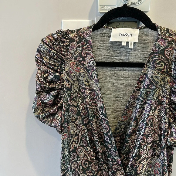 ba&sh Gala Metallic Cross  Top Gathered Puff Sleeve Mini Dress - Picture 8 of 15